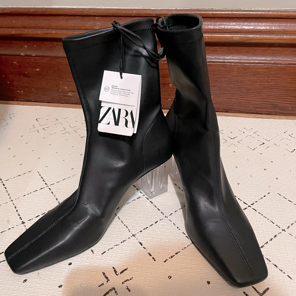 Zara Black Ankle Sock Boot Booties with Clear Metacrylate Heels and Square Toe
